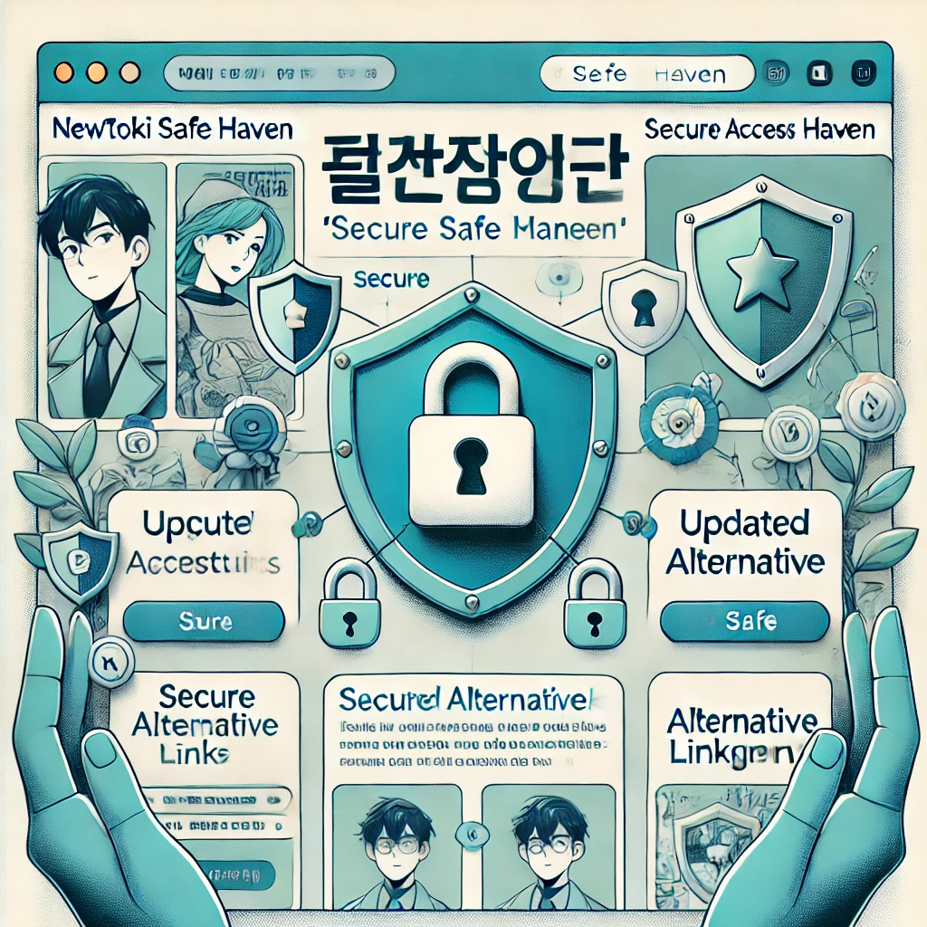 뉴토끼 대피소의 안전한 접속 관리 인터페이스. 자물쇠 아이콘과 보안 기호를 통해 안전한 연결을 강조하고, 최신 대체 링크와 보호 기능이 있는 플랫폼을 표현한 이미지. 배경에는 만화를 상징하는 요소가 포함되어 만화 감상 플랫폼임을 나타냅니다.